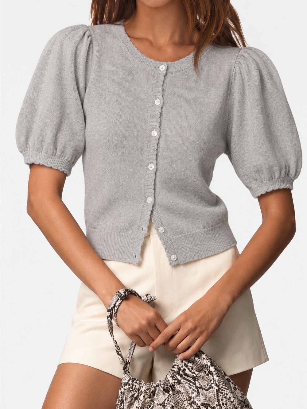 Roolee Light Gray Puff-Sleeve Button Cardigan